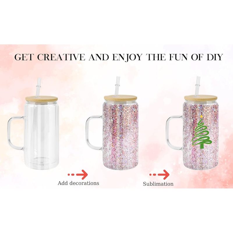 RTS US 16 oz Snow Globe Tumbler Pre-Drilled Sublimation Glass Cup Double Wall Coffee Mug Lids Plastic Straw Glitter Colored DIY