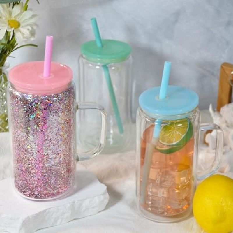 RTS US 16 oz Snow Globe Tumbler Pre-Drilled Sublimation Glass Cup Double Wall Coffee Mug Lids Plastic Straw Glitter Colored DIY