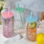 RTS US 16 oz Snow Globe Tumbler Pre-Drilled Sublimation Glass Cup Double Wall Coffee Mug Lids Plastic Straw Glitter Colored DIY