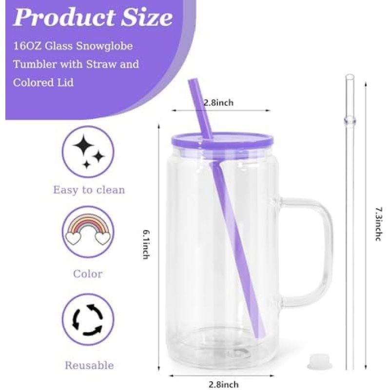 RTS US 16 oz Snow Globe Tumbler Pre-Drilled Sublimation Glass Cup Double Wall Coffee Mug Lids Plastic Straw Glitter Colored DIY