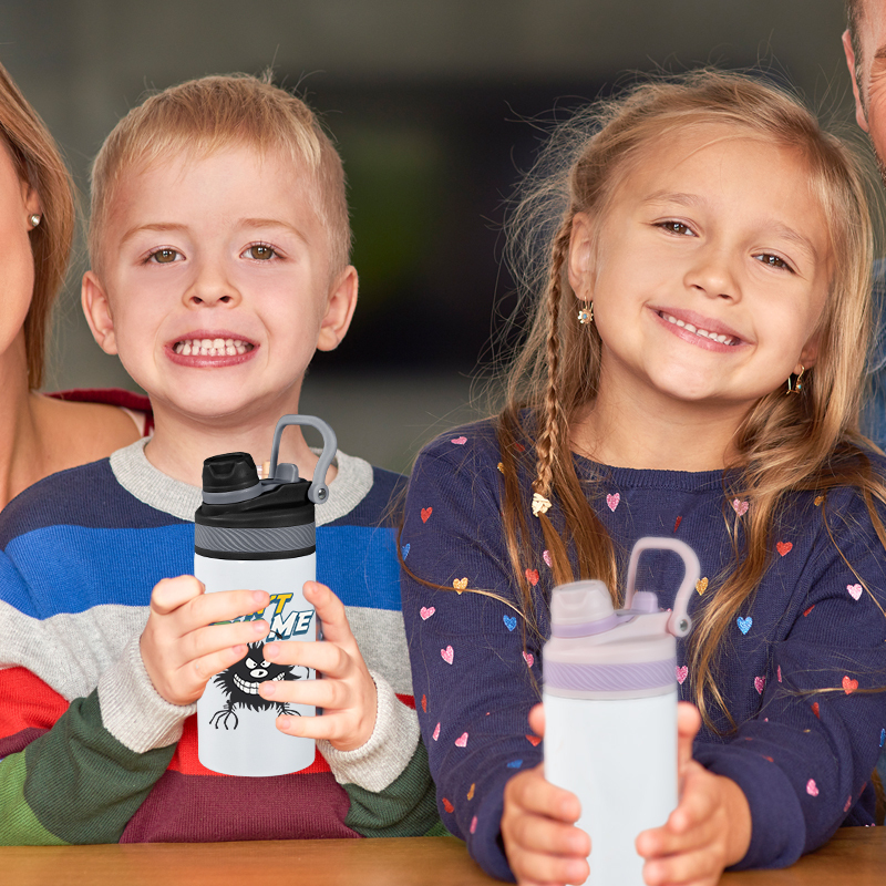 RTS 25pcs/ctn 12oz Sublimation School Water Bottle Insulated Kids Flat Tumbler with 2-in-1 Drinking Lid