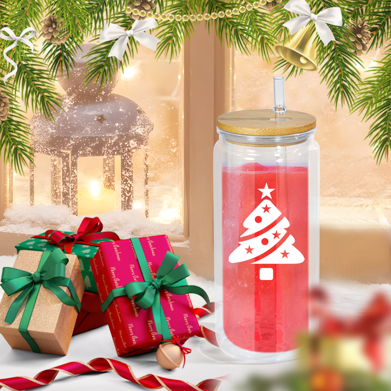 20oz Tumblers Double Wall Plastic Pre-drilled Mason Jar Snow Globe Acrylic Tumbler with Wooden Lids and Straw