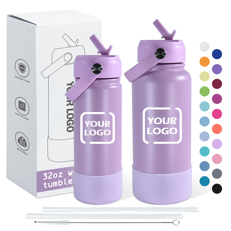 Custom logo Laser 32oz Powder Coated Sports Theromses Stainless Steel Vacuum Insulated Water Bottle with Silicone Bottom