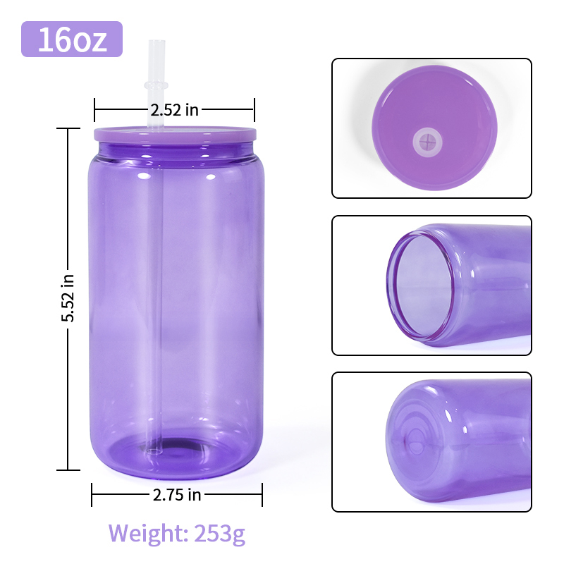 RTS 10pcs/ctn Sublimation Glass Cans 16oz Colored Borosilicate Coffee Cup Mug Water Tumbler Dinking Glasses with Lid Straw