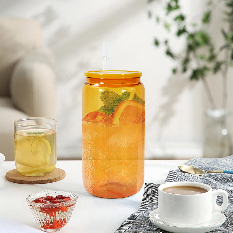 RTS 10pcs/ctn Sublimation Glass Cans 16oz Colored Borosilicate Coffee Cup Mug Water Tumbler Dinking Glasses with Lid Straw