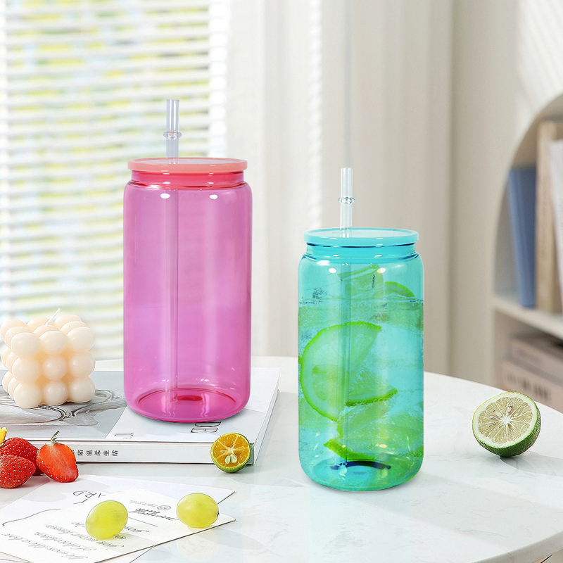RTS 10pcs/ctn Sublimation Glass Cans 16oz Colored Borosilicate Coffee Cup Mug Water Tumbler Dinking Glasses with Lid Straw