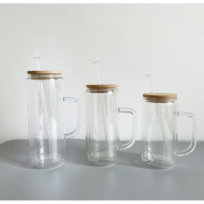 Pre-drilled 12oz 16oz 20oz Glass Jar Double Wall Tumblers Bamboo Lid Snow Globe Glass Cups With Handle DIY Glitter Bottle