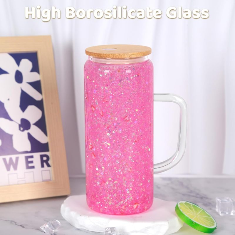 Pre-drilled 12oz 16oz 20oz Glass Jar Double Wall Tumblers Bamboo Lid Snow Globe Glass Cups With Handle DIY Glitter Bottle