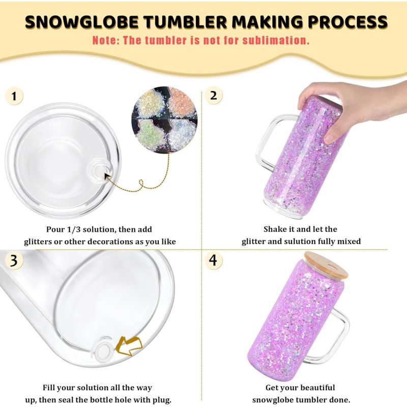 Pre-drilled 12oz 16oz 20oz Glass Jar Double Wall Tumblers Bamboo Lid Snow Globe Glass Cups With Handle DIY Glitter Bottle