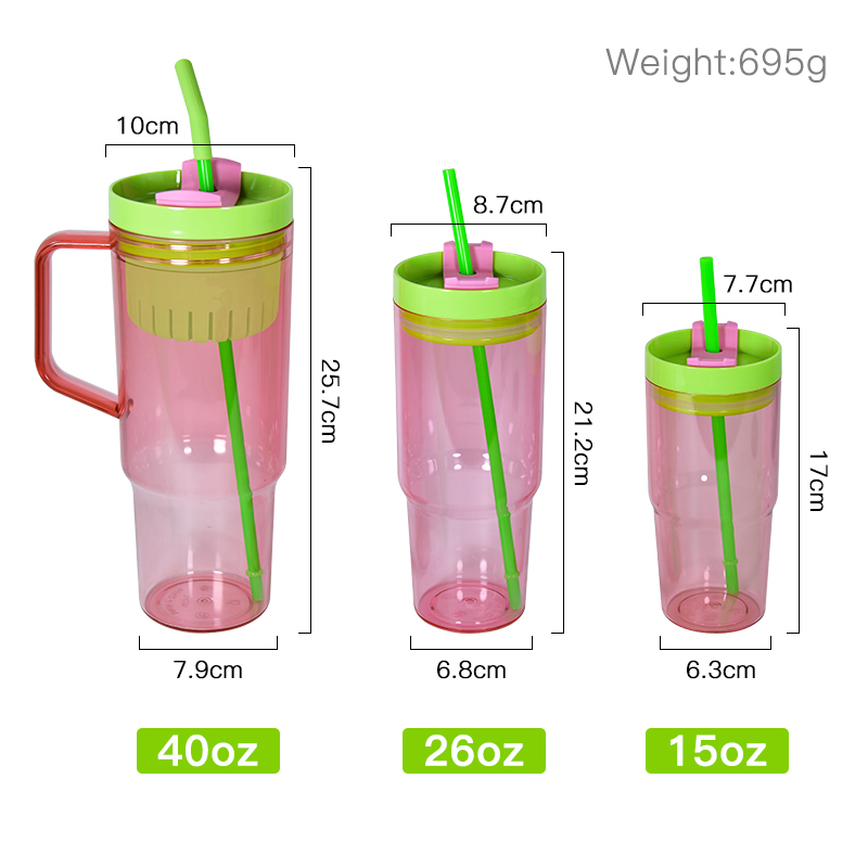 Reusable 3 in 1 40oz Plastic Water Bottles Cups Set clear Colored Tumbler Beer Mugs with Handle and Colored Lids ECO BPA Free