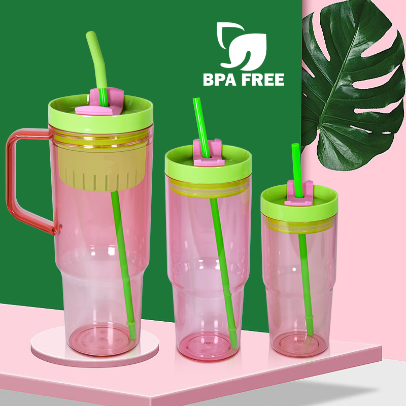 Reusable 3 in 1 40oz Plastic Water Bottles Cups Set clear Colored Tumbler Beer Mugs with Handle and Colored Lids ECO BPA Free