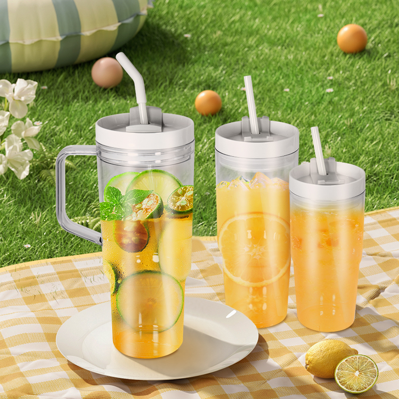 Reusable 3 in 1 40oz Plastic Water Bottles Cups Set clear Colored Tumbler Beer Mugs with Handle and Colored Lids ECO BPA Free