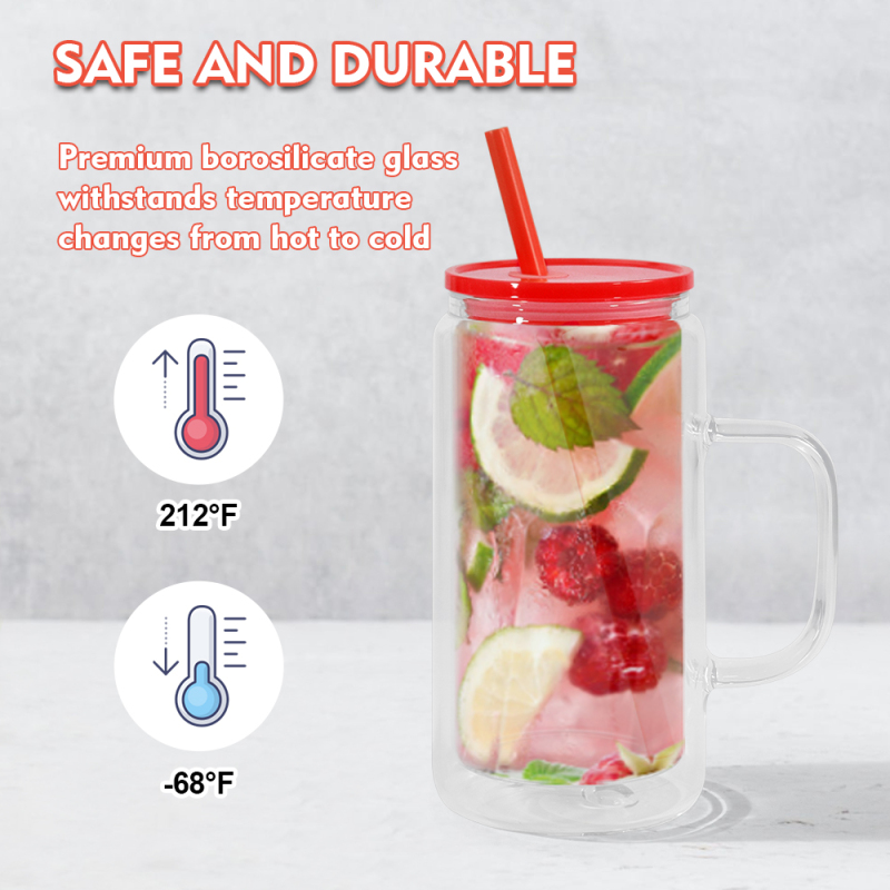 US Stocked 25pcs/ctn Handled Snow Globe 16oz Double Wall Glass Tumbler Colorful Lid Snow Globe Glass Can with Pre-drilled Hole