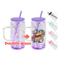 US Stocked 25pcs/ctn Handled Snow Globe 16oz Double Wall Glass Tumbler Colorful Lid Snow Globe Glass Can with Pre-drilled Hole