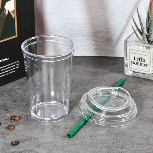 Wholesales Custom logo Printing 10oz Plastic PS Single Wall Cup with Lid and Colored Plastic Straw Coffee Cup
