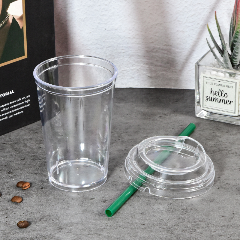 Wholesales Custom logo Printing 10oz Plastic PS Single Wall Cup with Lid and Colored Plastic Straw Coffee Cup