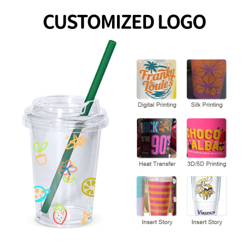 Wholesales Custom logo Printing 10oz Plastic PS Single Wall Cup with Lid and Colored Plastic Straw Coffee Cup
