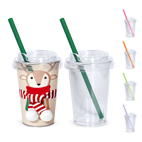 Wholesales Custom logo Printing 10oz Plastic PS Single Wall Cup with Lid and Colored Plastic Straw Coffee Cup