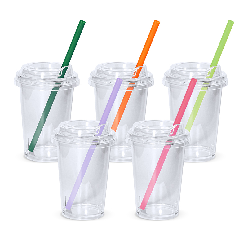 Wholesales Custom logo Printing 10oz Plastic PS Single Wall Cup with Lid and Colored Plastic Straw Coffee Cup