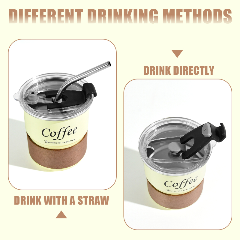 US RTS 300ml Stainless Steel Cup SS304 Curled Edge Wooden Design Reusable Travel Mug 10oz Coffee Mug with Metal Straw Clear Lid