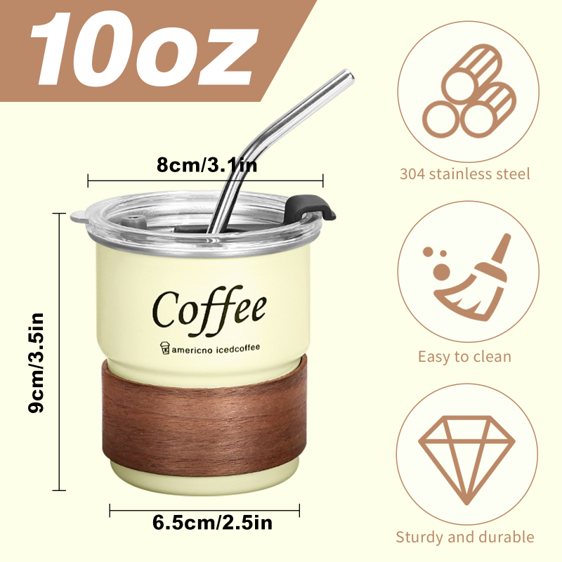 US RTS 300ml Stainless Steel Cup SS304 Curled Edge Wooden Design Reusable Travel Mug 10oz Coffee Mug with Metal Straw Clear Lid
