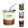 US RTS 300ml Stainless Steel Cup SS304 Curled Edge Wooden Design Reusable Travel Mug 10oz Coffee Mug with Metal Straw Clear Lid