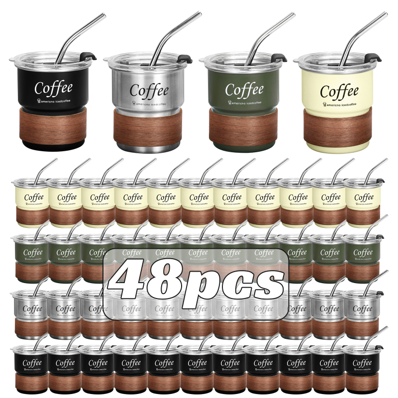 US RTS 300ml Stainless Steel Cup SS304 Curled Edge Wooden Design Reusable Travel Mug 10oz Coffee Mug with Metal Straw Clear Lid