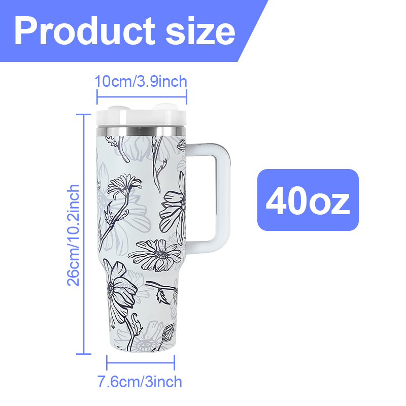 Fast Customization 40oz Powder Coated Double Wall Stainless Steel Tumblers Travel Mug with Flower Pattern White
