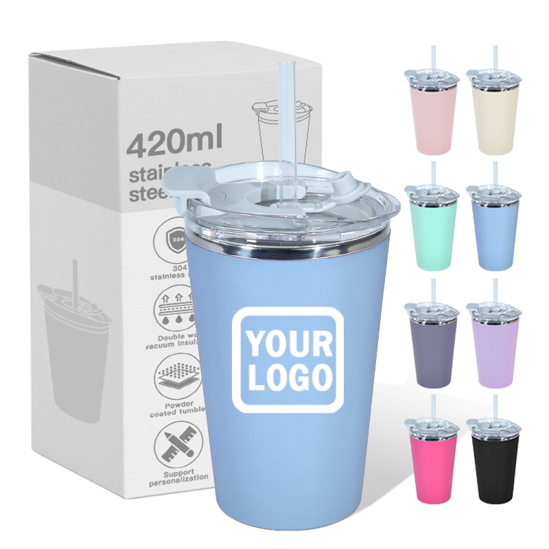 Wholesale 420ml Travel Tumbler Outer Plastic Wide Mouth Stainless Steel Travel Mug with Leak-proof Lids for Outdoor