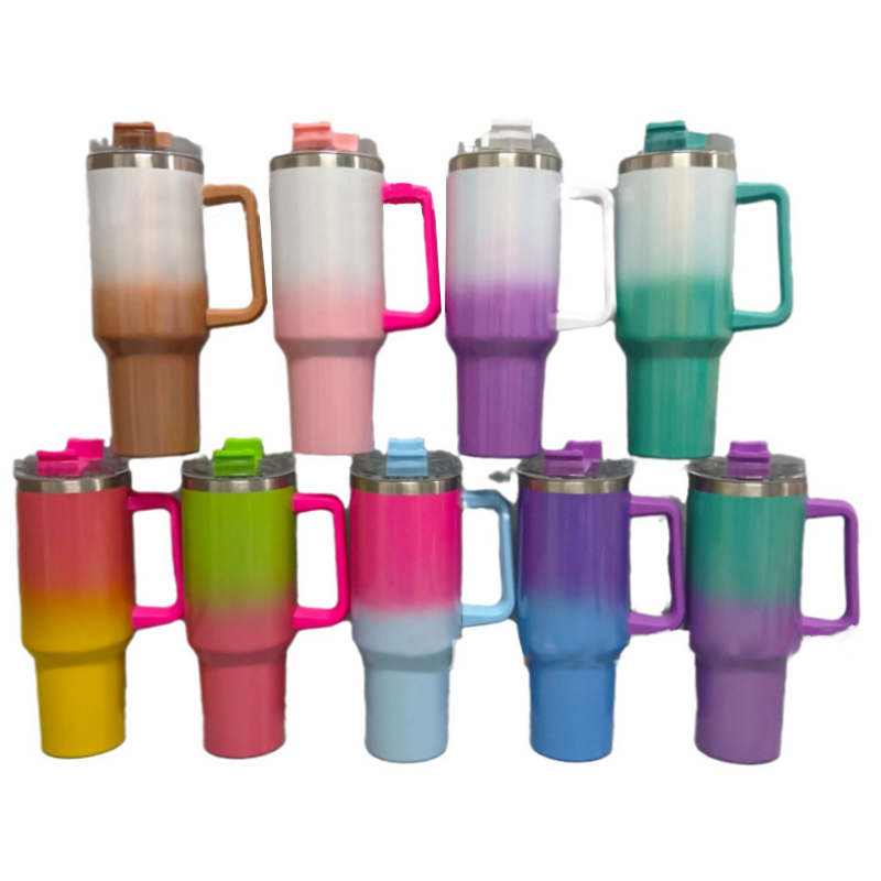 Factory Hot Selling 40oz Sublimation Gradient Glitter Stainless Steel Handle Mug with Lid and Straw Coffee Mugs