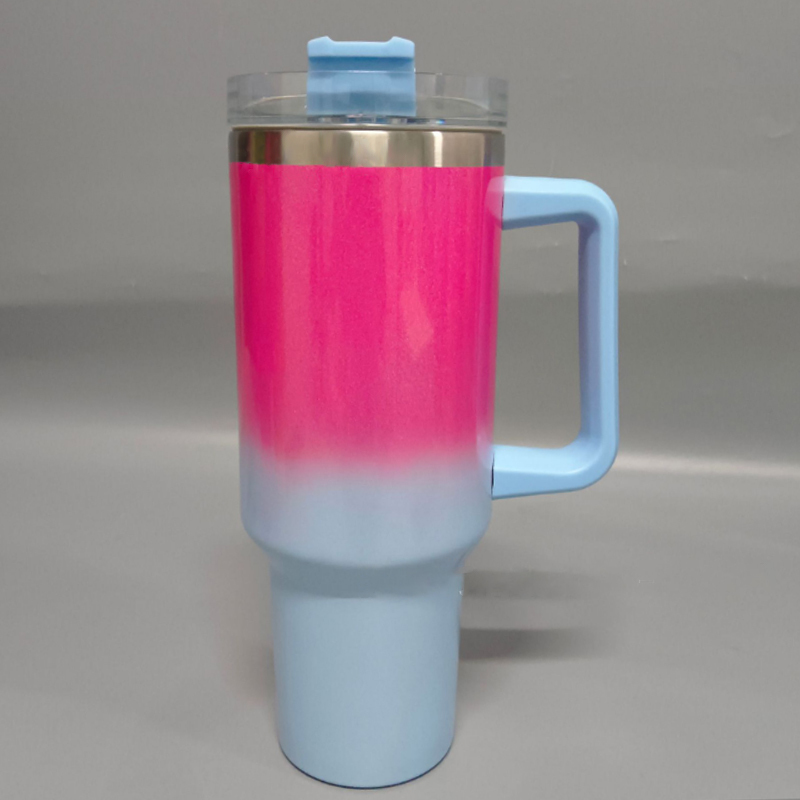 Factory Hot Selling 40oz Sublimation Gradient Glitter Stainless Steel Handle Mug with Lid and Straw Coffee Mugs