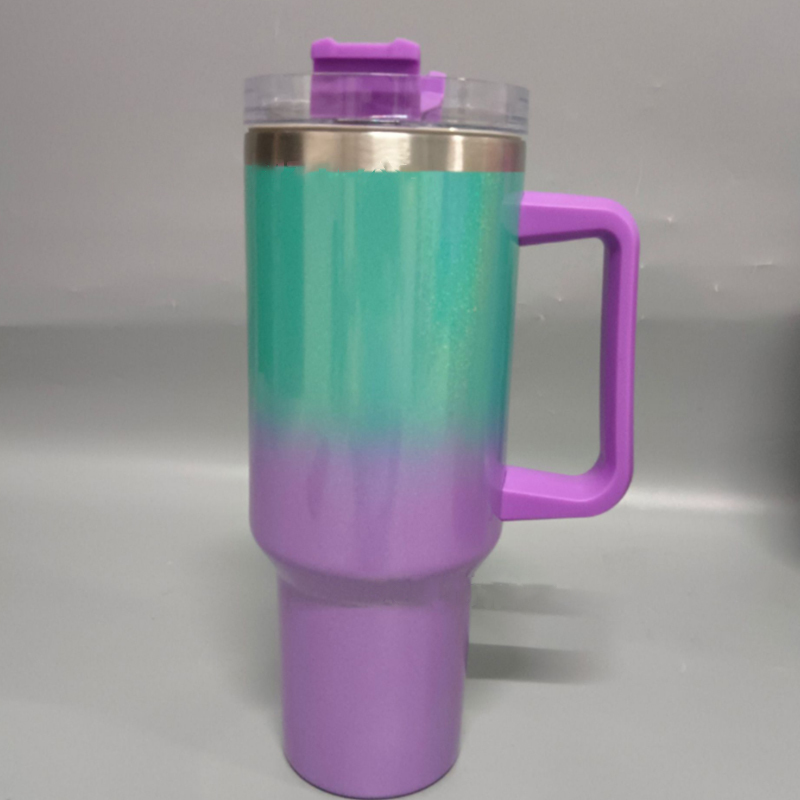 Factory Hot Selling 40oz Sublimation Gradient Glitter Stainless Steel Handle Mug with Lid and Straw Coffee Mugs