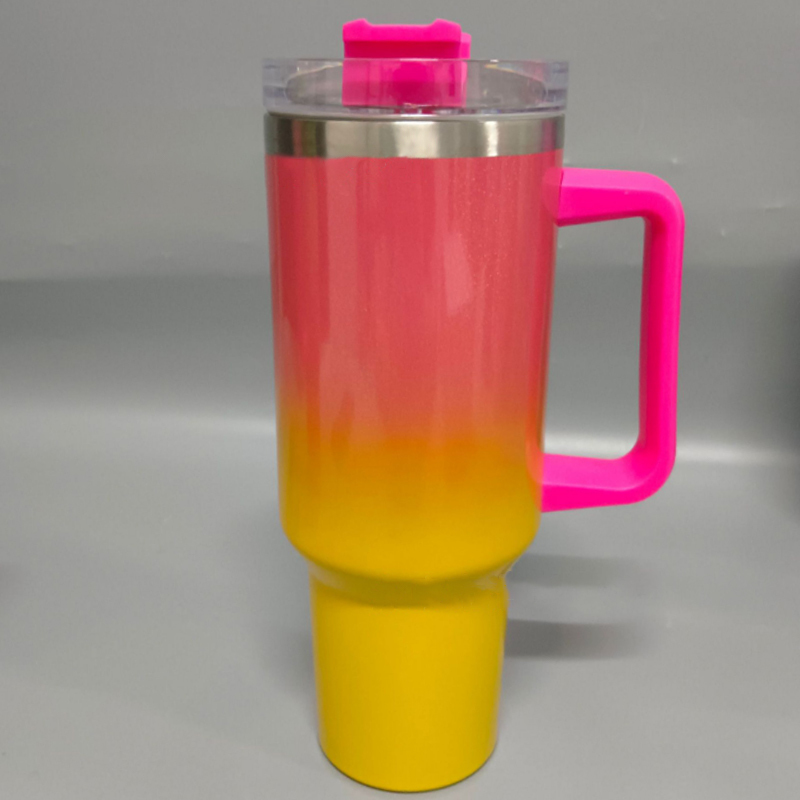 Factory Hot Selling 40oz Sublimation Gradient Glitter Stainless Steel Handle Mug with Lid and Straw Coffee Mugs