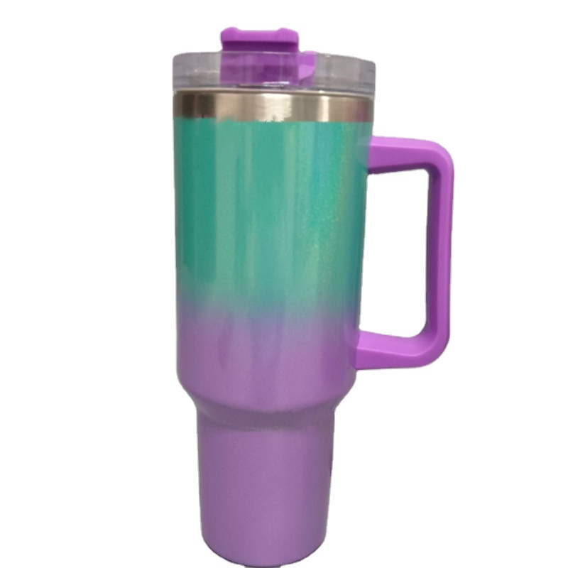 Factory Hot Selling 40oz Sublimation Gradient Glitter Stainless Steel Handle Mug with Lid and Straw Coffee Mugs