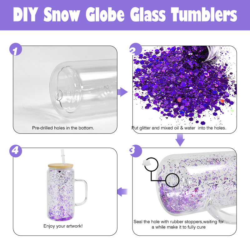 RTS US Stocked 25pcs/ctn 16oz Double Wall Glass Snow Globe Glass Can with Handle and Pre-drilled Hole Plug Bamboo Lid
