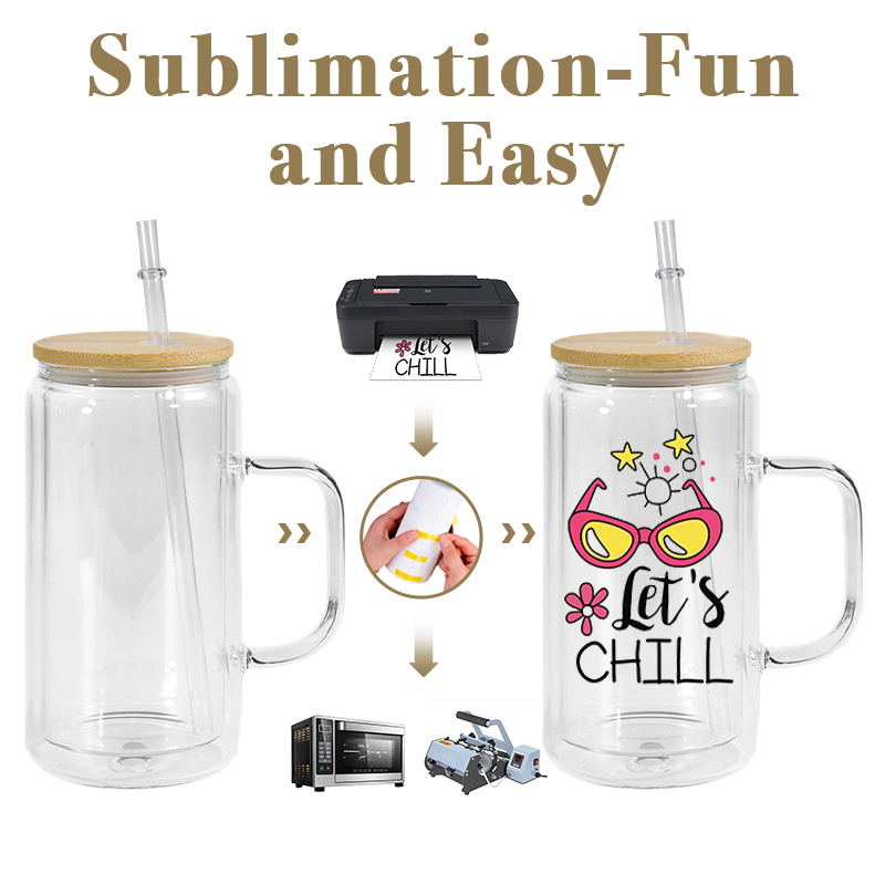 RTS US Stocked 25pcs/ctn 16oz Double Wall Glass Snow Globe Glass Can with Handle and Pre-drilled Hole Plug Bamboo Lid