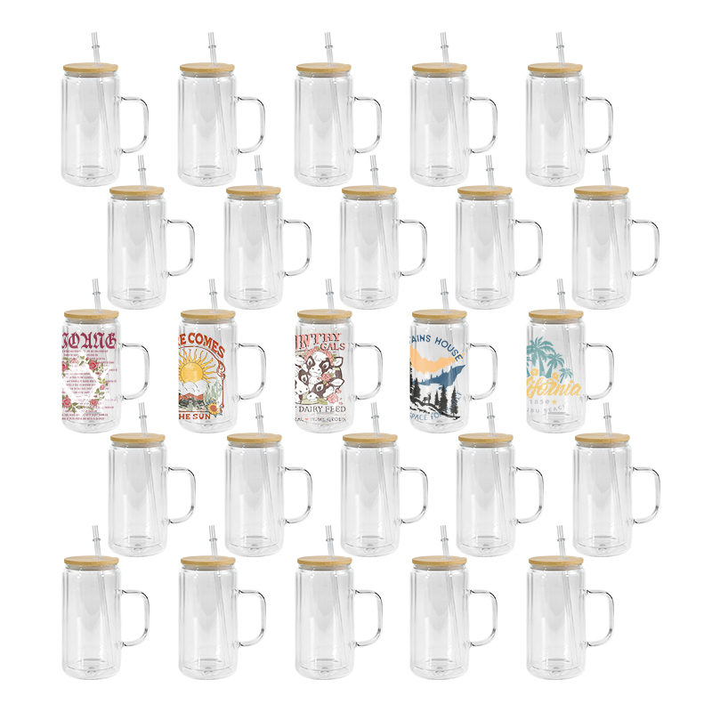 RTS US Stocked 25pcs/ctn 16oz Double Wall Glass Snow Globe Glass Can with Handle and Pre-drilled Hole Plug Bamboo Lid