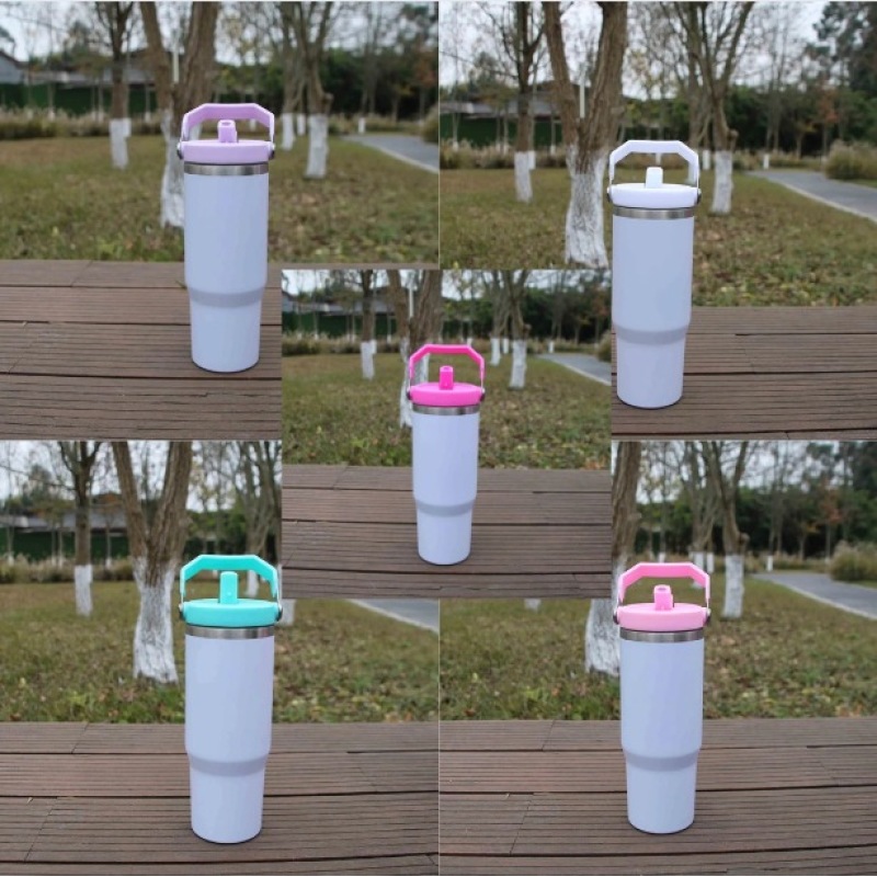 30oz Sublimation Double Wall Stainless Steel Vacuum Tumbler Mugs Water Bottle with Handle / Flip Straw for Heat Press Printing