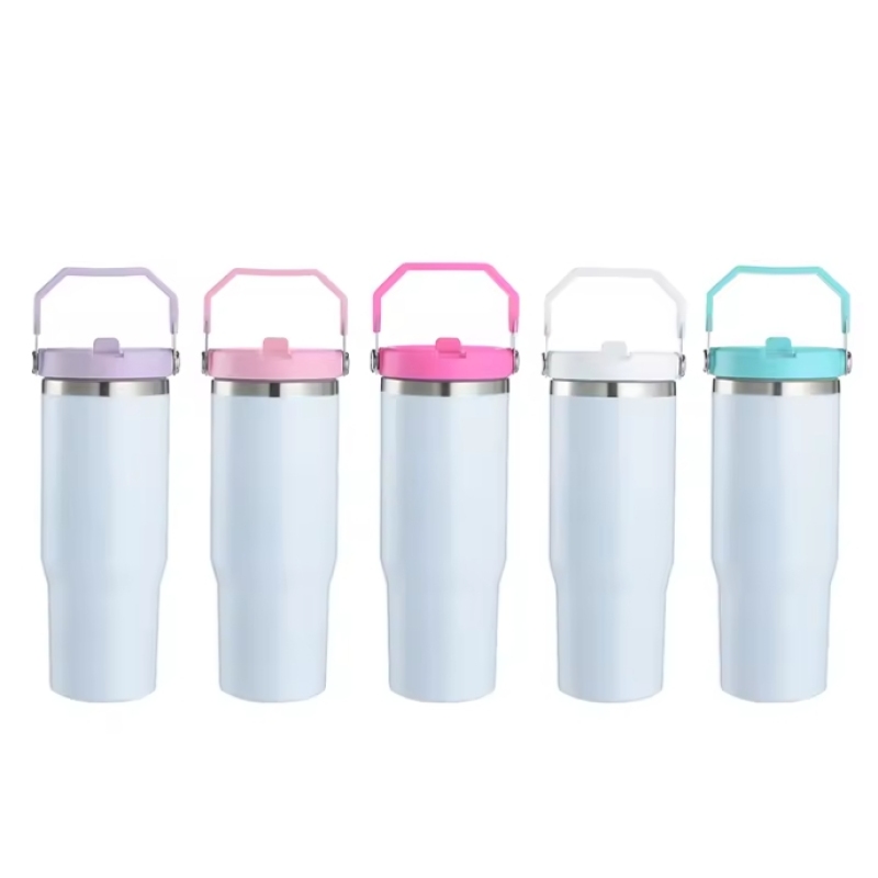 30oz Sublimation Double Wall Stainless Steel Vacuum Tumbler Mugs Water Bottle with Handle / Flip Straw for Heat Press Printing