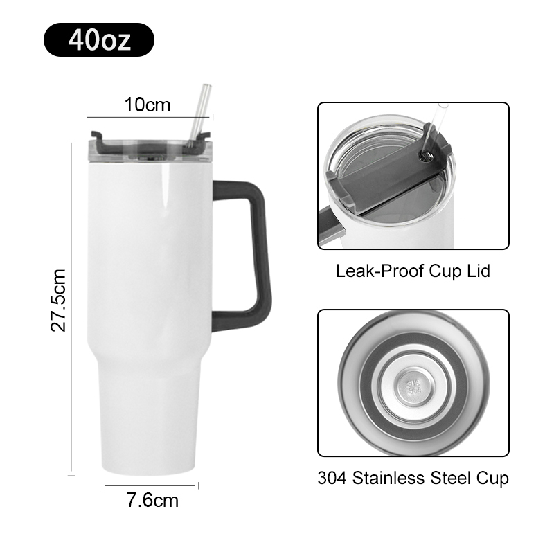 RTS USA Warehouse Small Pack 12pcs/ctn 40oz White Sublimation Tumbler Small Pack Travel Mug with Black Handle and Black Lid