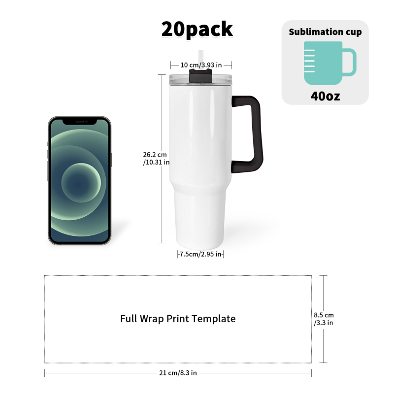RTS USA Warehouse Small Pack 12pcs/ctn 40oz White Sublimation Tumbler Small Pack Travel Mug with Black Handle and Black Lid