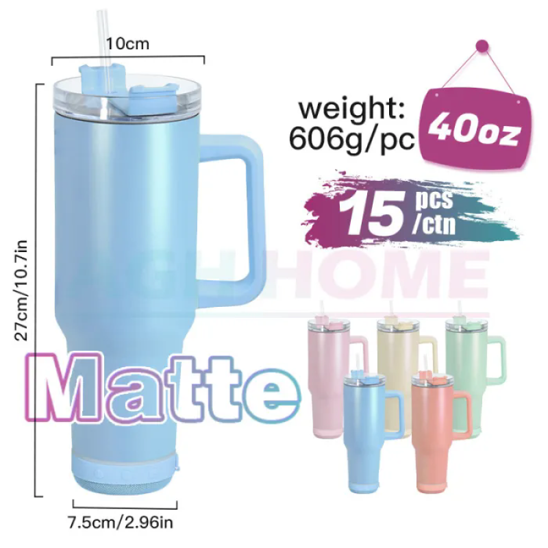 RTS 15pcs/ctn 40oz Matte Colored Sublimation Tumbler Speaker Wireless 40oz Travel Mug with Handle