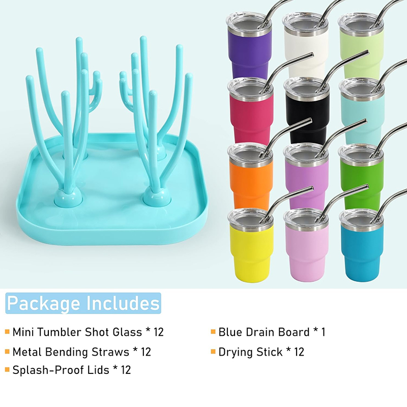 Factory Wholesale 3oz Shot Glass Tumbler Powder Coated Mini Wine Cup Set with Metal Straw Plastic Lid Drying Rack for Laser