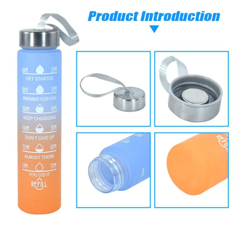 3 In1 Drinking Plastic Sport Bottles Gym Fitness Motivational Water Bottles  With Straw and Handgrip 12sets/ctn
