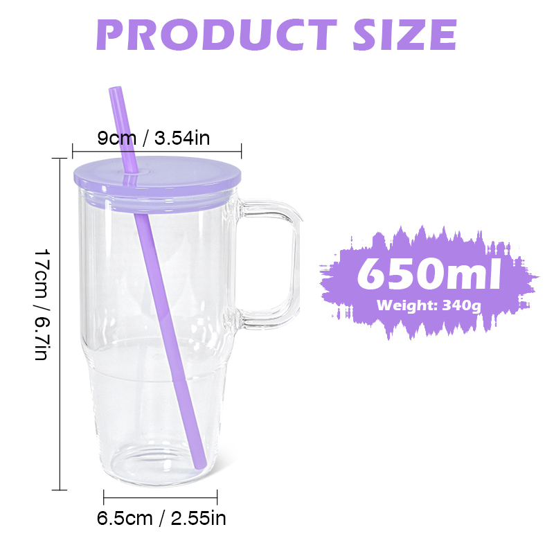 RTS US 6pcs Mixed Colors 20oz Glass Tumbler Clear Mug with Handle Jelly Lid Colored Straw for Sublimation and UV DTF Wraps