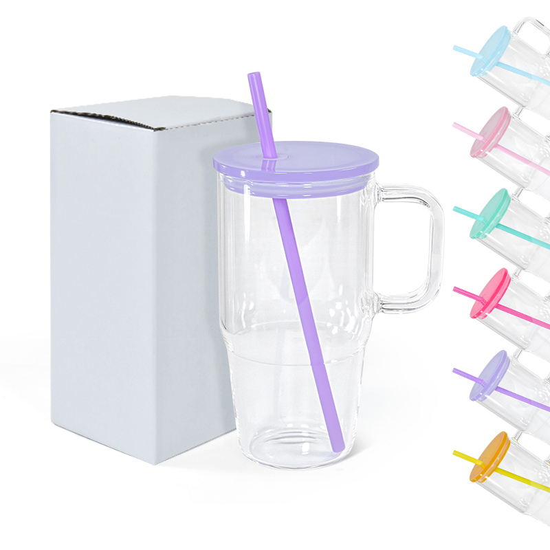 RTS US 6pcs Mixed Colors 20oz Glass Tumbler Clear Mug with Handle Jelly Lid Colored Straw for Sublimation and UV DTF Wraps