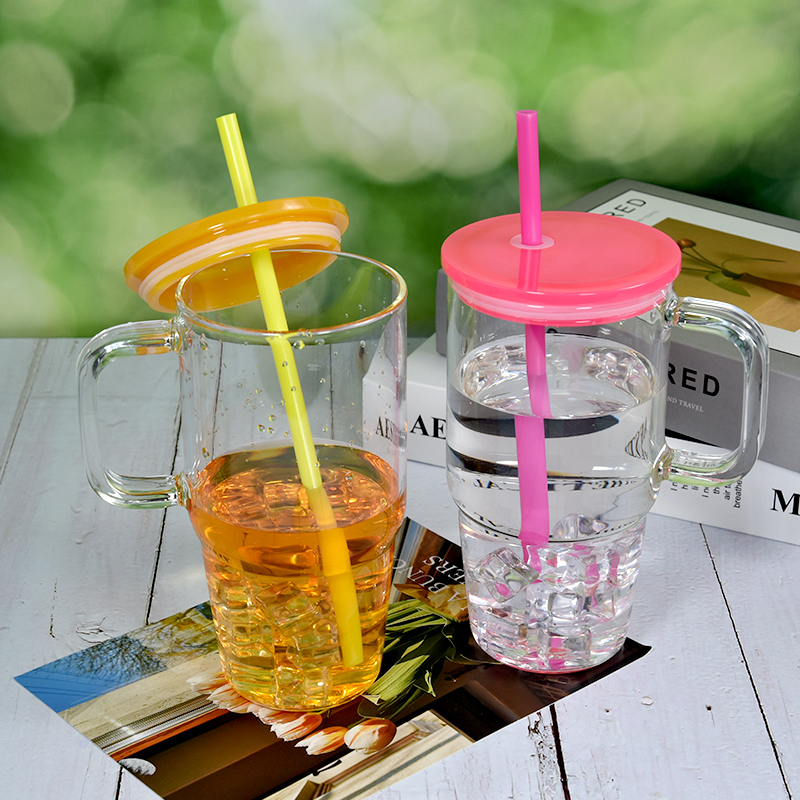 RTS US 6pcs Mixed Colors 20oz Glass Tumbler Clear Mug with Handle Jelly Lid Colored Straw for Sublimation and UV DTF Wraps