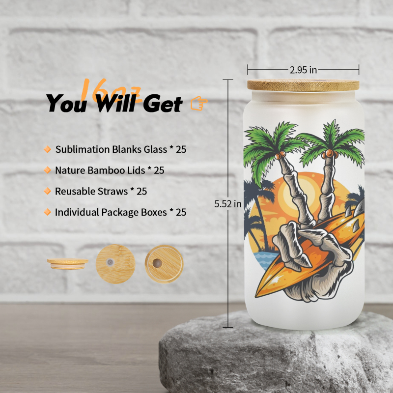 USA Warehouse RTS 25pcs/ctn 16oz Frosted Glass Can Sublimation Glass Tumler Mugs with Bamboo Lid and Plastic Straw