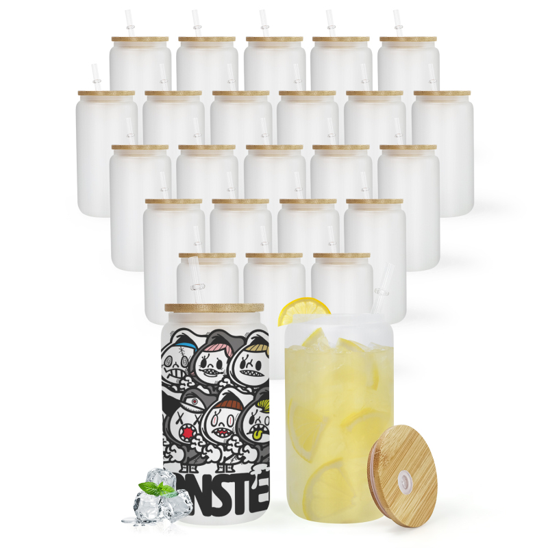 USA Warehouse RTS 25pcs/ctn 16oz Frosted Glass Can Sublimation Glass Tumler Mugs with Bamboo Lid and Plastic Straw