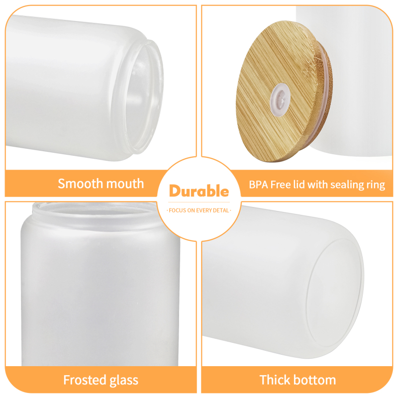 USA Warehouse RTS 25pcs/ctn 16oz Frosted Glass Can Sublimation Glass Tumler Mugs with Bamboo Lid and Plastic Straw
